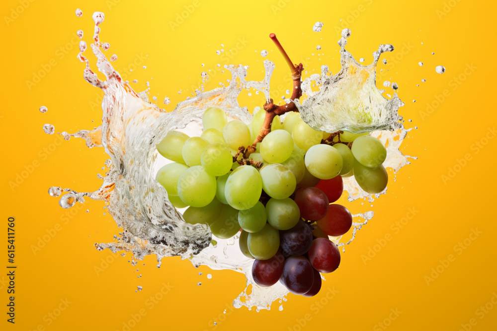 Poster an vibrant photograph chenin blanc grape splashed in bright paint, contemporary background. generati