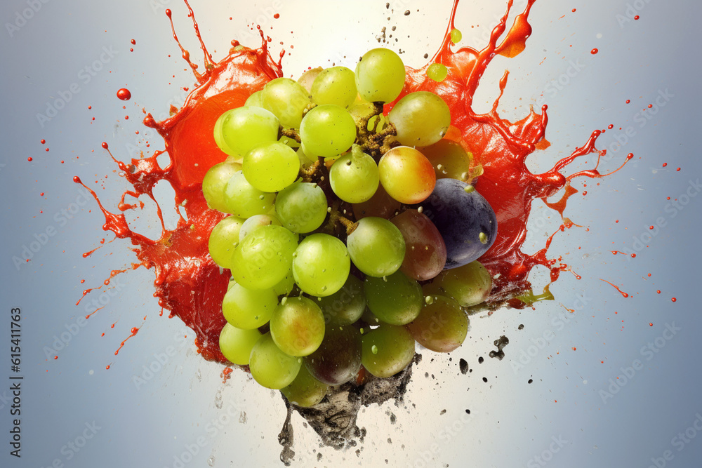 Poster an vibrant photograph chenin blanc grape splashed in bright paint, contemporary background. generati