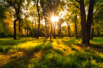 Fototapeta premium sunny in park with trees and grass