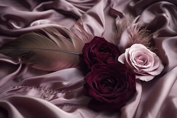 Close Up Photo of Feather and Roses on the Silk Fabric Background. Created with Generative AI Technology