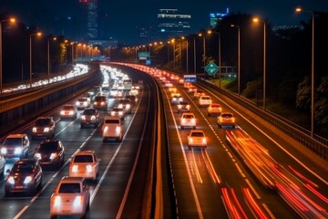 Fototapeta na wymiar Nighttime Traffic Flow on Highway, Generative AI