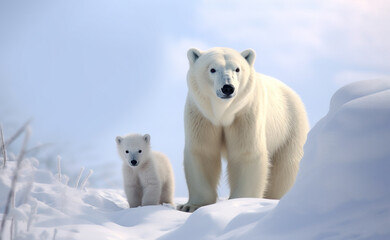Naklejka na ściany i meble illustration of polar bear in the snow. Created with Generative AI