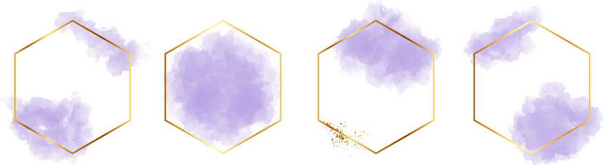 Hexagonal frame with abstract splashes of light purple watercolor brush strokes for logo, banner, card, cover, flyer and poster, watercolor strokes with gold hexagonal frame
