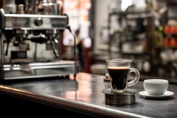 an Italian espresso, its rich crema gleaming under the soft light. The espresso cup is placed on a saucer with a miniature spoon, highlighting the traditional serving style. 