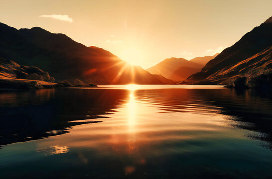 the sun setting behind mountains over a lake