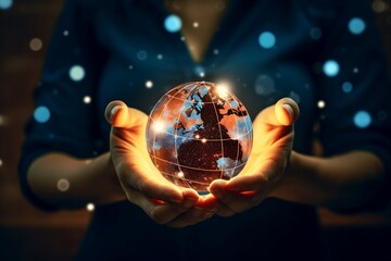 Hands Holding a Globe with Icons Global Connectivity and Unity, Generative AI
