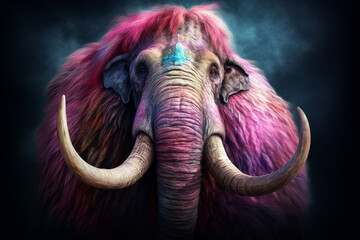 Fototapeta na wymiar A pastel-colored Woolly Mammoth with a majestic mane, rendered in soft hues of pink, purple, and blue, exuding a serene and regal presence. Generative AI technology