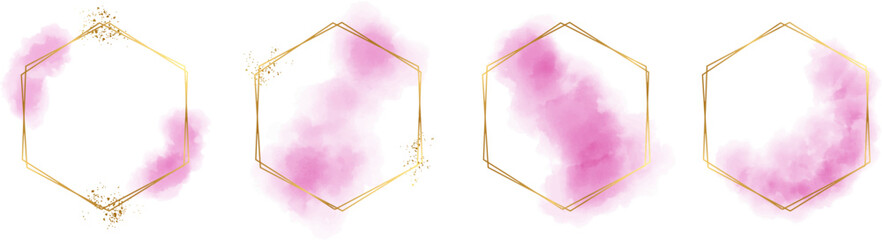 Hexagonal frame with abstract splashes of light pink watercolor brush strokes for logo, banner, card, cover, flyer and poster, watercolor strokes with gold hexagonal frame