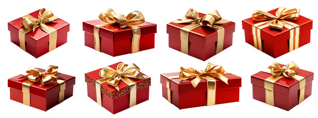 set of isolated illustrations of red colored gift box with golden ribbons. Created with Generative AI