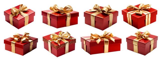 set of isolated illustrations of red colored gift box with golden ribbons. Created with Generative AI