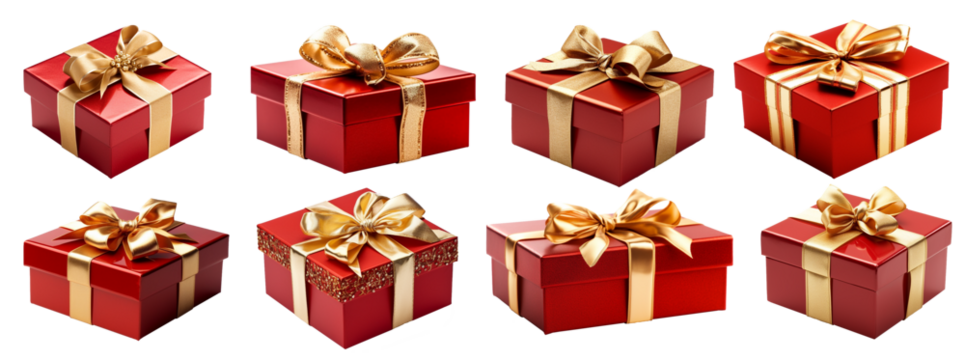 set of isolated illustrations of red colored gift box with golden ribbons. Created with Generative AI