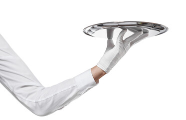 Waiter hand in glove with towel holding big silver tray, cut out