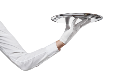 Waiter hand in glove with towel holding big silver tray, cut out