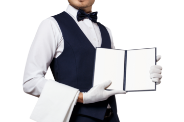 Waiter showing open blank menu, cut out