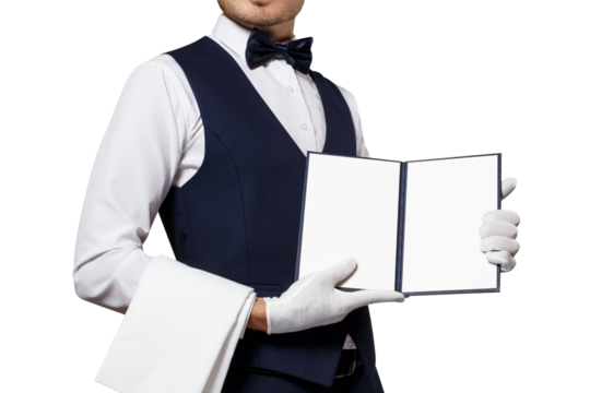 Waiter showing open blank menu, cut out