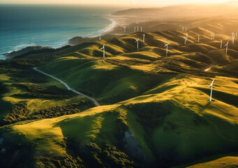 wind turbines on green hills near the ocean