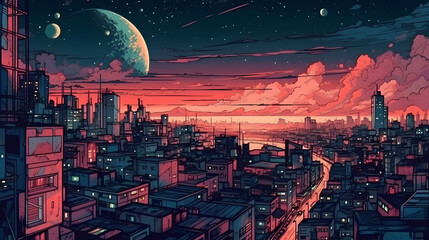 Obraz premium Beautiful metropolis under the moon, cartoon. Generative AI