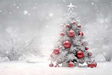 a christmas tree with white snow and decorations, with red and silver balls. Merry Christmas and Happy Holidays greeting card, frame, banner. New Year. Winter xmas holiday theme