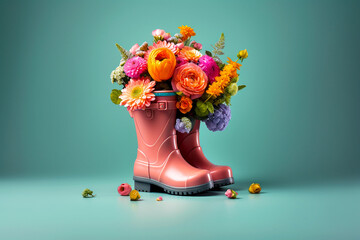 Floral bouquet in the boots. Super photo realistic background. Generative ai illustration