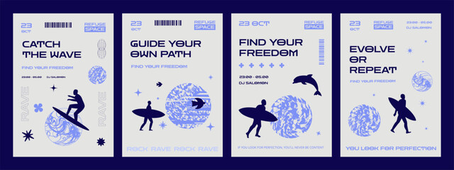 Naklejka premium A set of minimalistic posters with surfer silhouettes and simple shapes. A design template for a techno rave party or event.