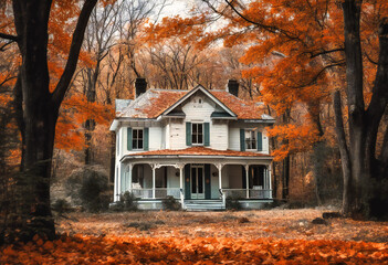 a white home surrounded by trees with orange leaves