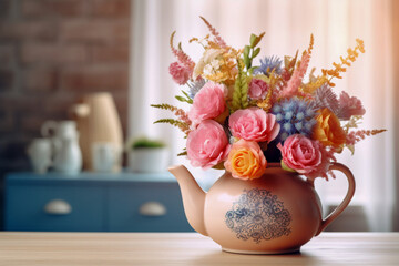 Floral bouquet in the teapot. Super photo realistic background. Generative ai illustration