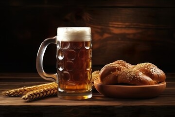 Passionate Pleasure: Oktoberfest Maß Beer and Pretzel on Wooden Table Promising Exquisite Enjoyment, Generative AI