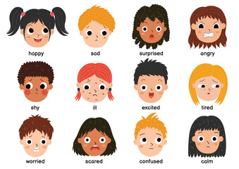 Kids emotions set in cartoon style. Cute boys and girls face expressions collection. Emotional intellect poster for children. Vector illustration - 615415710