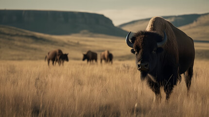 Plains bison in temperate grasslands. Generative AI