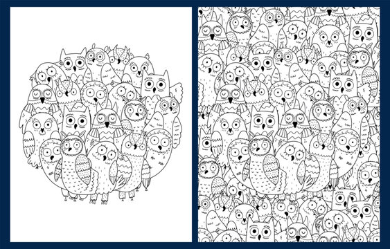Coloring pages set with cute owls. Doodle bird characters templates for coloring book in US Letter format. Collection with black and white backgrounds. Vector illustration