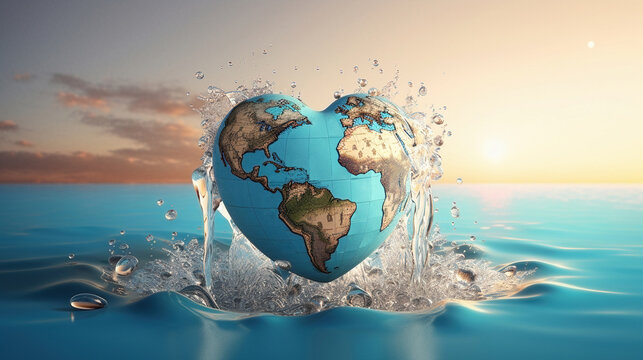 Planet Earth heart shape submerging in the water. Generative Ai