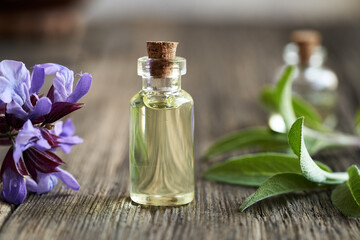 Obraz na płótnie Canvas A glass bottle of aromatherapy essential oil with blooming sage