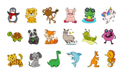 Animals Cute Doodle Set Vector Color Illustration Isolated on White Background