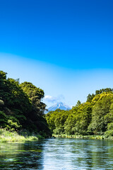 Fototapeta na wymiar 静岡県の駿東郡清水町を流れる清流で有名な柿田川と富士山