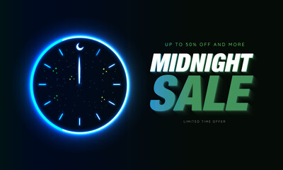 Editable Neon Midnight Sale sign banner on dark background. Neon clock with neon hand on the moon as twelve midnight. Up to 50% off and more. Limited time offer. Vector Illustration. EPS 10.