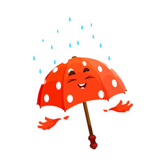 Cartoon red umbrella character with rain drops. Amusing vector parasol with smiling face exuding positive emotions enjoying rain shower. Isolated gingham personage with polka dots for climate forecast