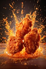 Cinematic Explosion of some Chicken Wings, Eyecatching and suggested for Commercial Puroposes. Generative AI.