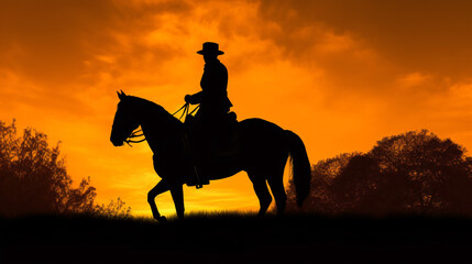 silhouette of a horse with his rider in the sundown