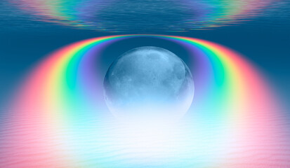 Full crystall moon under water on the blue tropical beach with amazing rainbow 