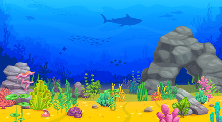 Cartoon underwater landscape with rock arch and seaweeds. Vector background with sea plants, corals reef and animals. Shark, turtle and fish shoal silhouettes in ocean. Water aquatic tropical life © Vector Tradition