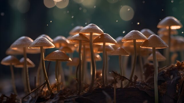 close up photo of parasola misera mushrooms. Created with Generative AI Technology