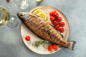 Baked Trout. Healthy food concept. place for text, top view