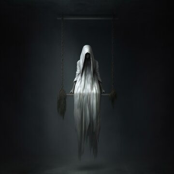 swinging ghost on dark black background. Cinematic style. Generative AI.