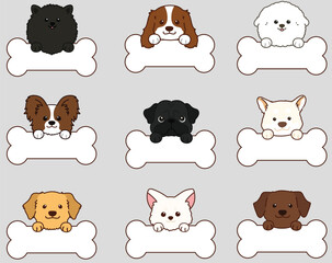 Set of adorable dogs' faces with outlines with front paws holding a bone