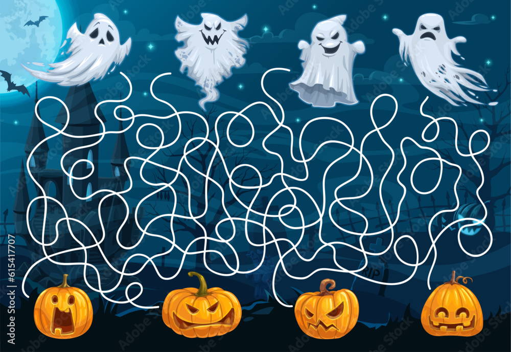 Poster labyrinth maze help to cartoon ghost find his pumpkin. vector board game worksheet with cartoon funn