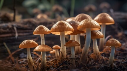 close up photo of parasola misera mushrooms. Created with Generative AI Technology