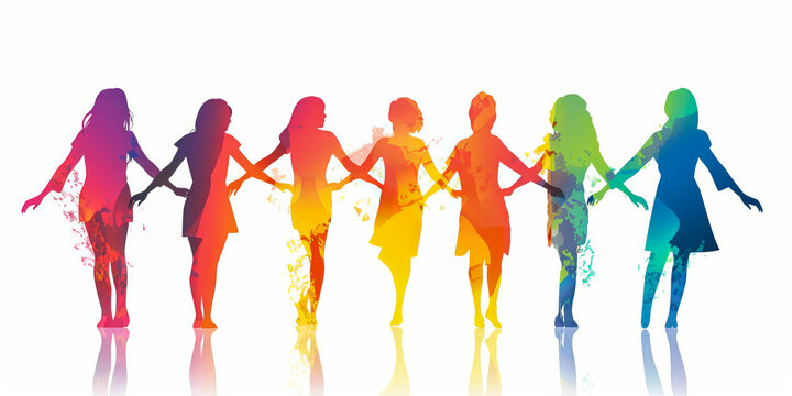 Captivating silhouette of women holding hands in unity, depicted as shadows on white background with vibrant colors on intertwined hands, evoking sorority and empowerment. Generative AI