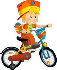 cartoon scene with little boy riding on a bicycle for fun isolated illustation for children