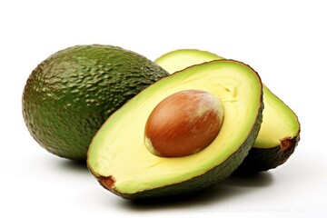 Illustration of a fresh avocado cut in half on a plain white background created with Generative AI technology