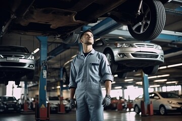 Fototapeta na wymiar Handsome young male mechanic repairing a car in his workshop
